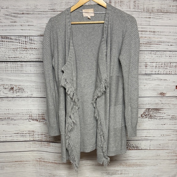 Skies Are Blue Gray Open Cardigan Sweater with Fringe - Picture 1 of 5